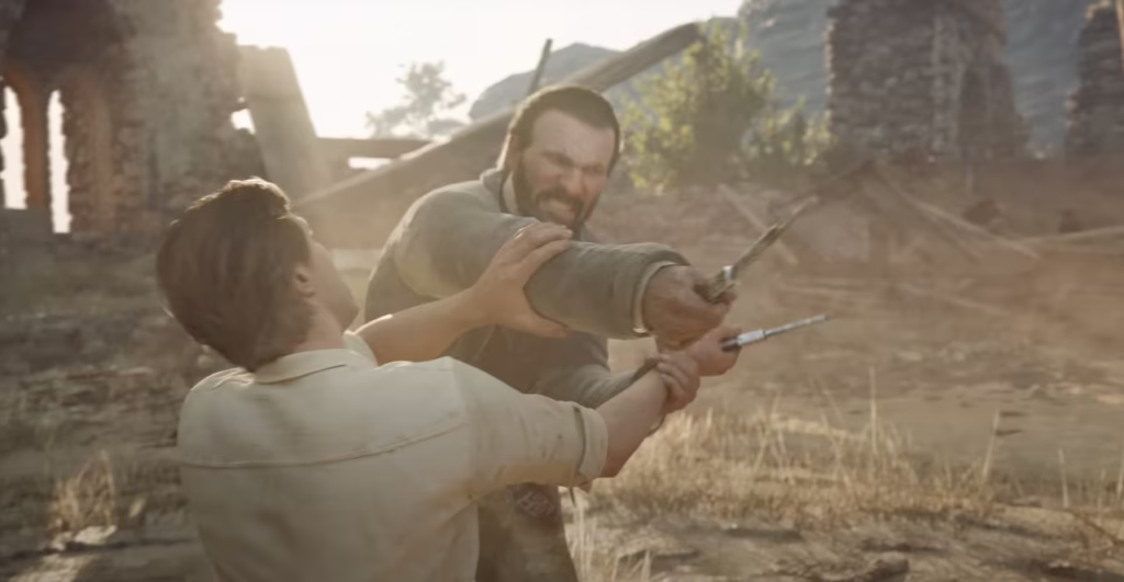 Двое мужчин дерутся с ножами среди руин