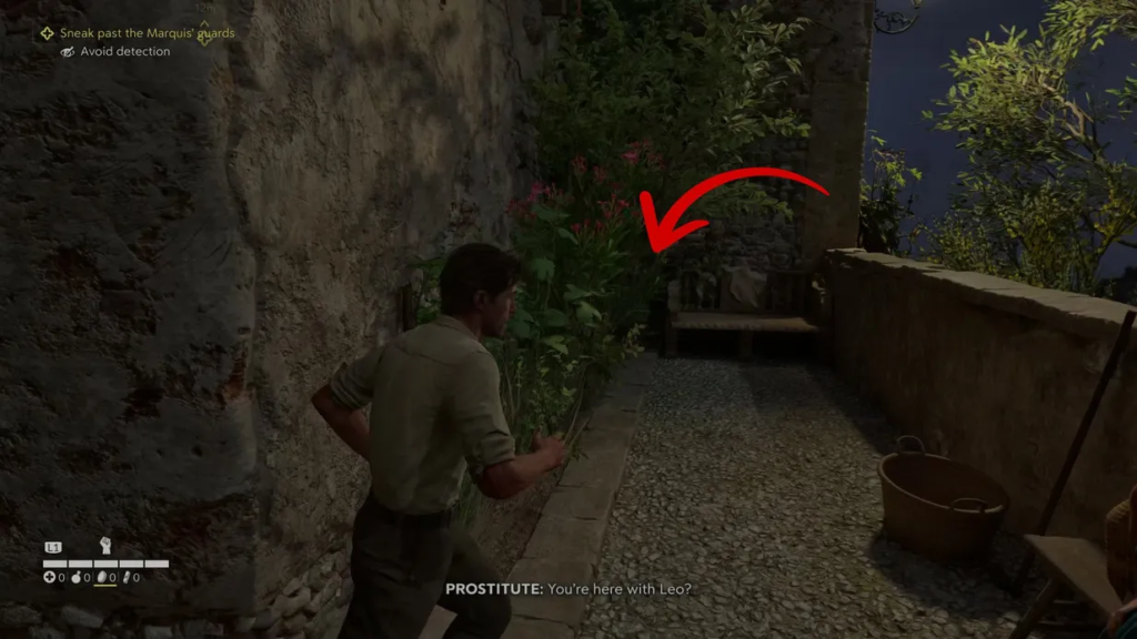 Персонаж крадется по каменной тропе у стены