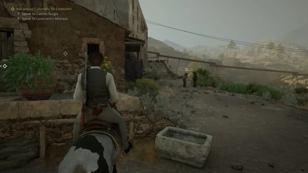 Всадник едет на лошади по деревне в игре GreedFall