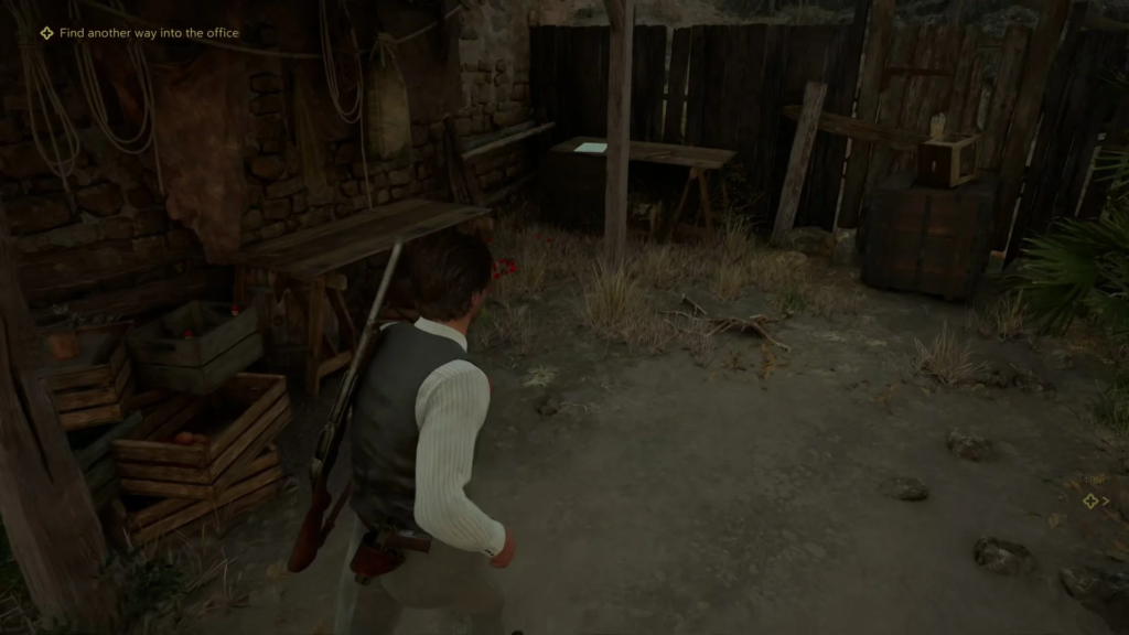 Персонаж с винтовкой осматривает сарай с ящиками