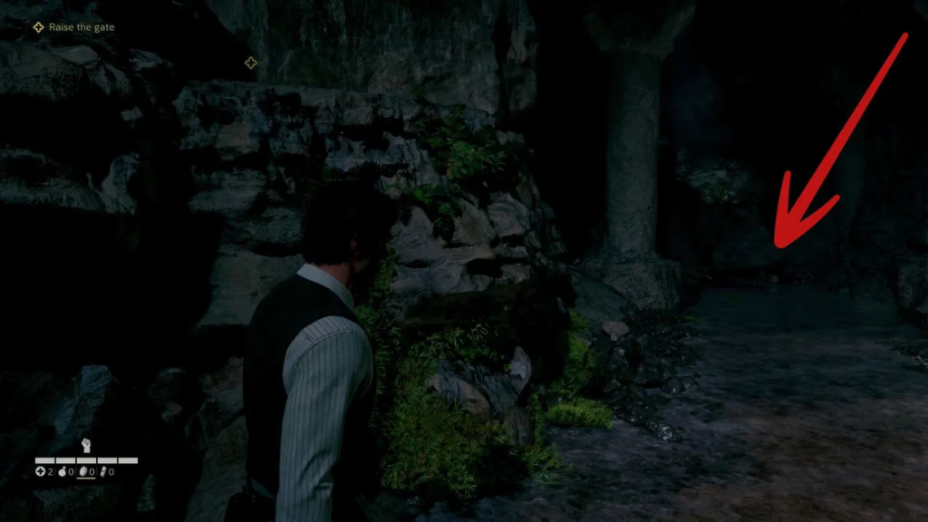 Персонаж стоит в пещере у каменной тропы