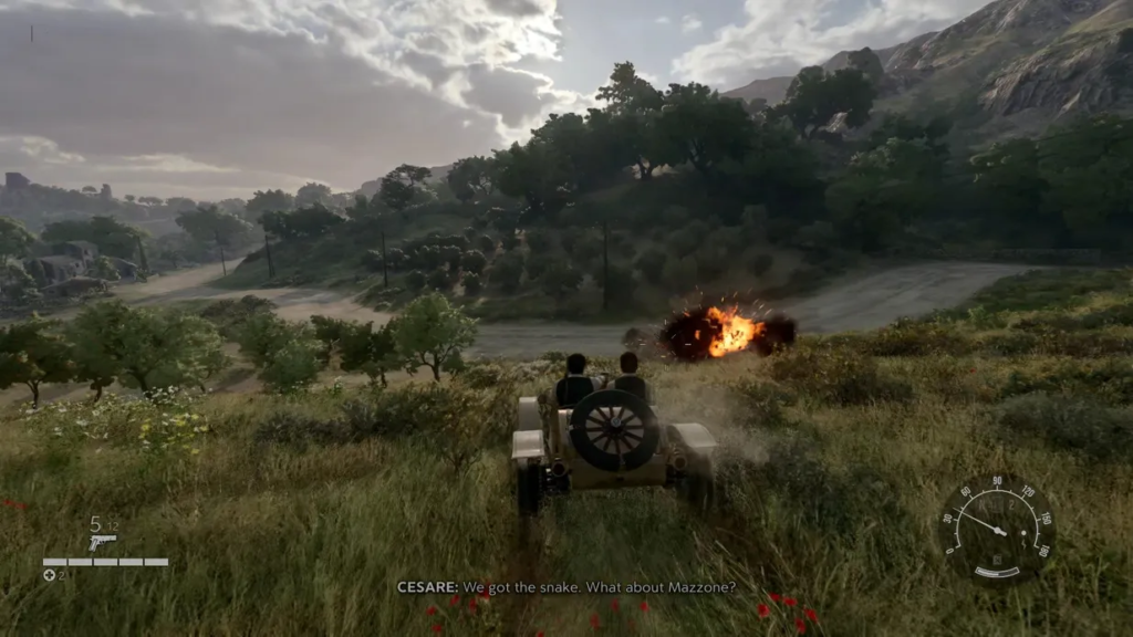 Машина едет по холмам, взрыв впереди на дороге