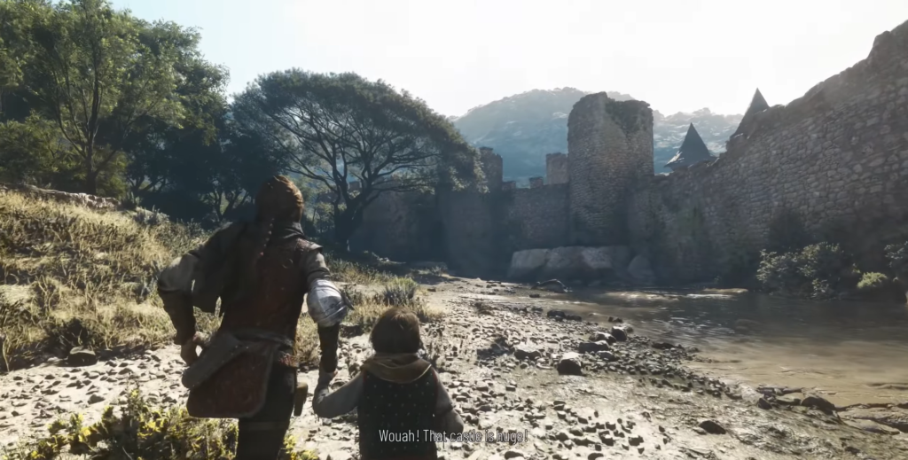 Амиция и Гуго бегут к замку у реки