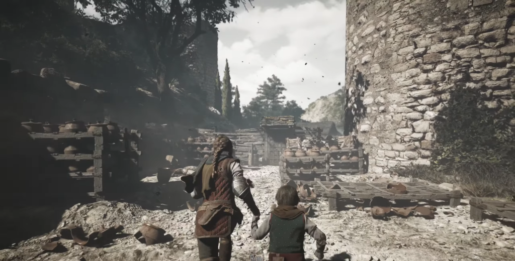 Амиция и Гуго бегут по каменной деревне A Plague Tale