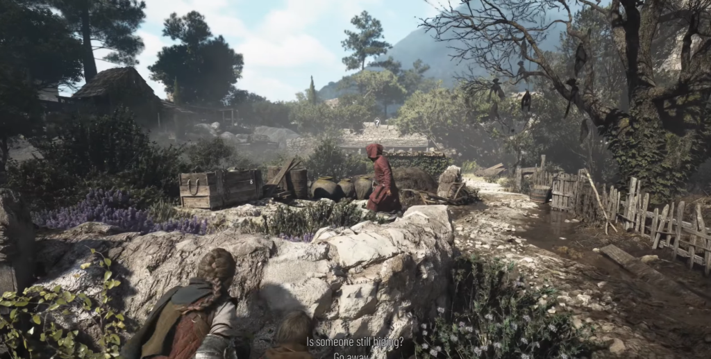 Амиция прячется за камнем в деревне A Plague Tale