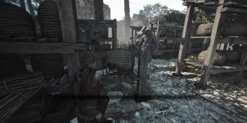 Амисия прячется за ульями в деревне A Plague Tale