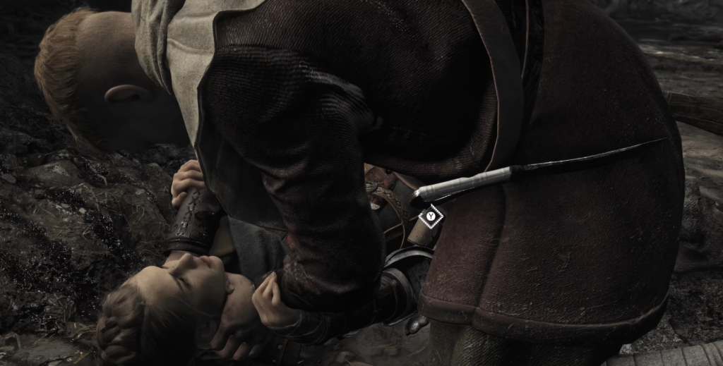 Леон Кеннеди держит Эшли Грэм на земле