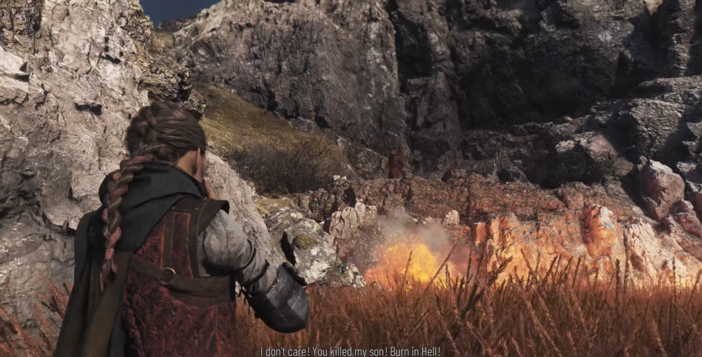 Женщина целится из арбалета у скал и взрыва