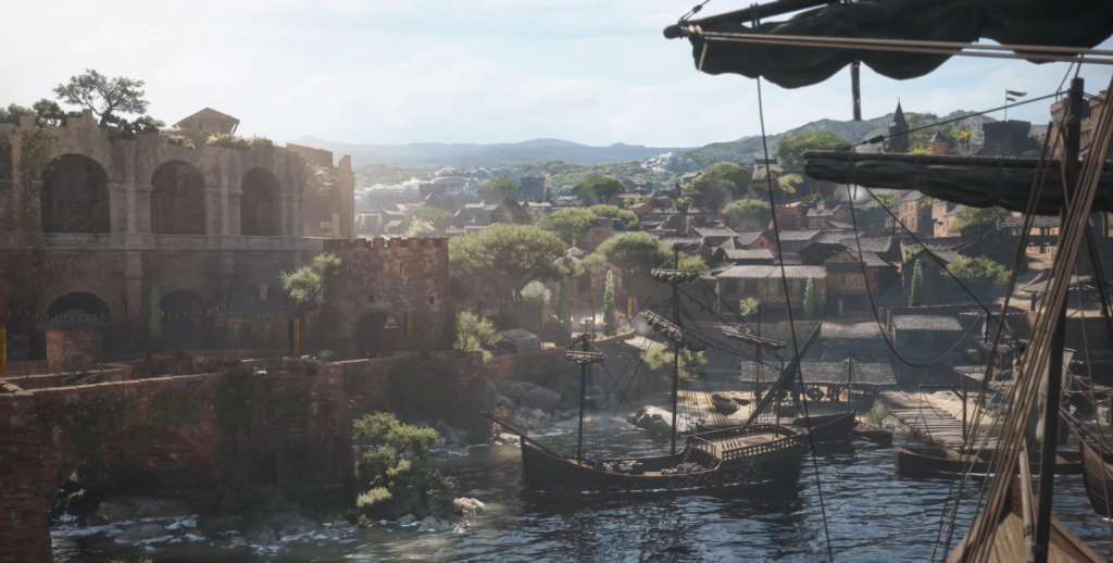 Парусные корабли стоят в гавани у города