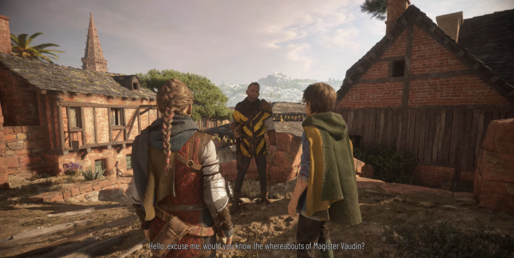 Амиция и Гуго разговаривают с солдатом в деревне A Plague Tale