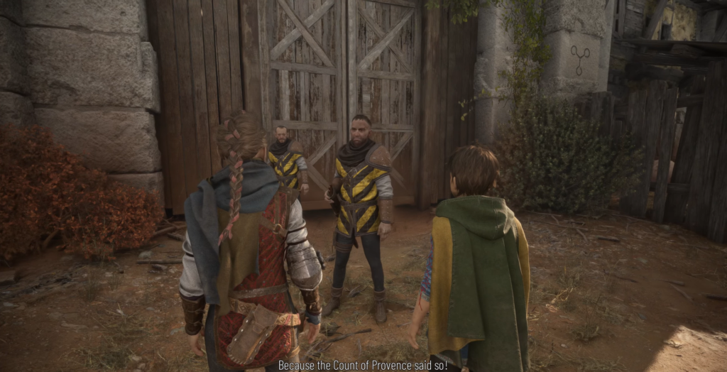 Амиция и Хьюго стоят перед стражниками у ворот