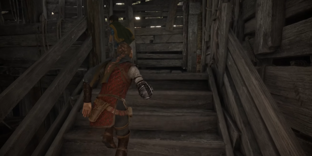 Амиция бежит по деревянной лестнице в A Plague Tale