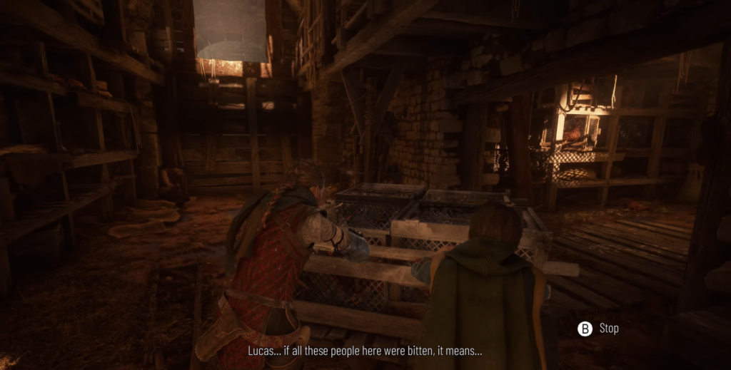 Амиция и Лукас толкают тележку в сарае A Plague Tale