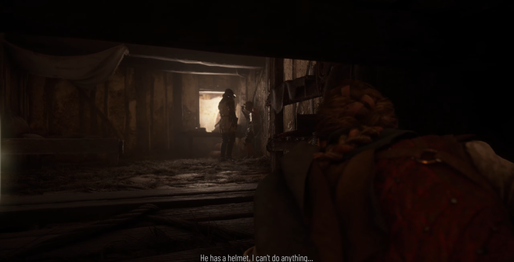 Девочка прячется в сарае, наблюдая за солдатом