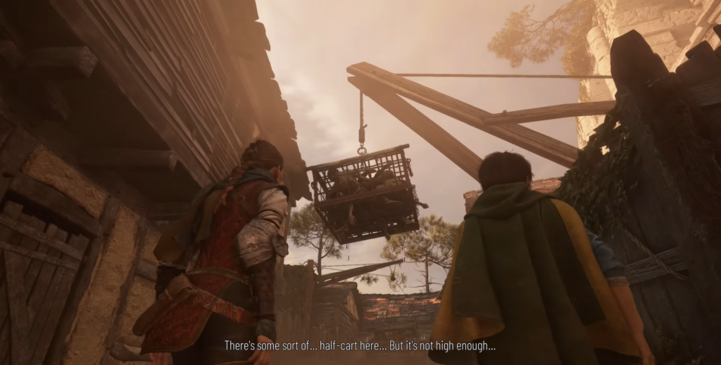 Амиция и Гуго смотрят на подвешенную клетку во дворе