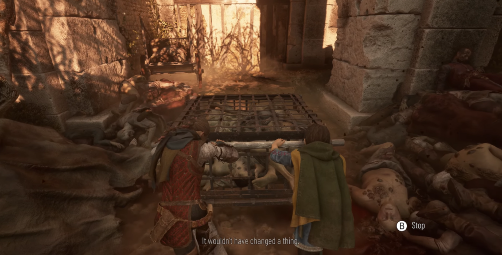 Амиция и Гуго толкают телегу среди трупов в A Plague Tale