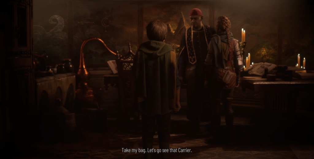 Трое людей разговаривают в комнате при свечах