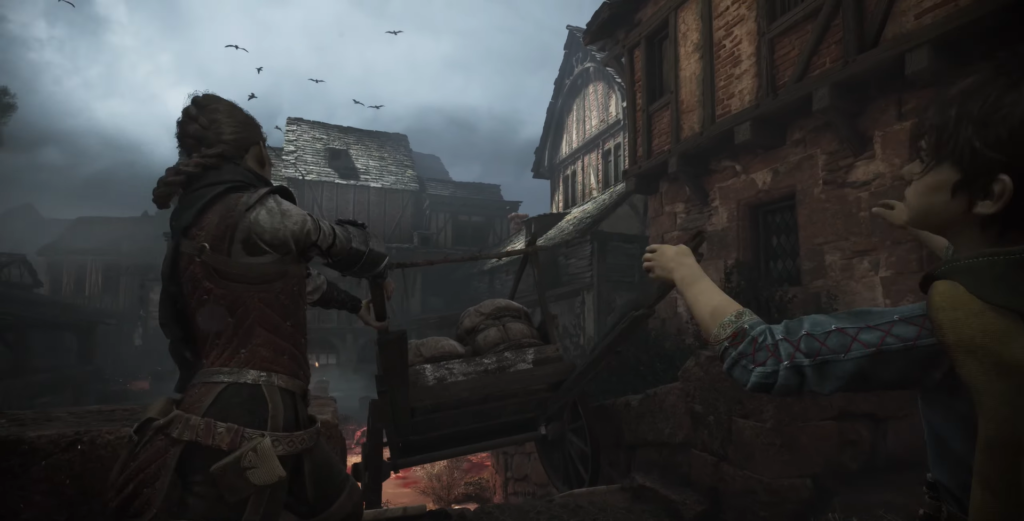 Амиция и Гуго тянут телегу в деревне A Plague Tale