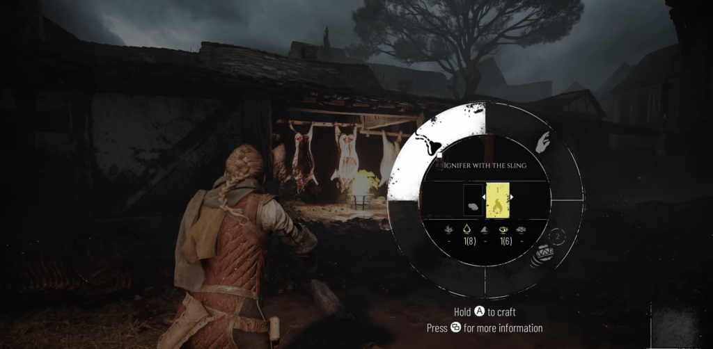 Амиция целится пращой у костра в деревне A Plague Tale