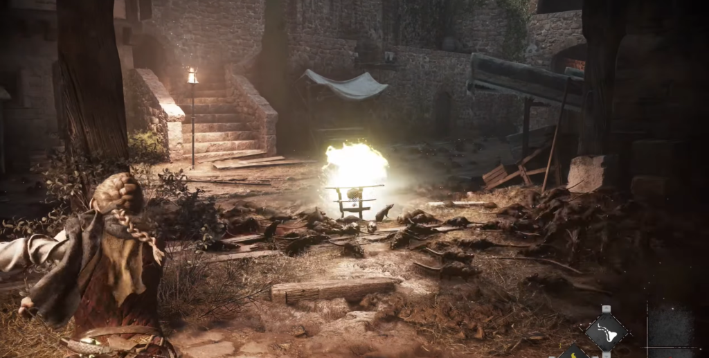 Девочка бросает огонь в крыс во дворе крепости