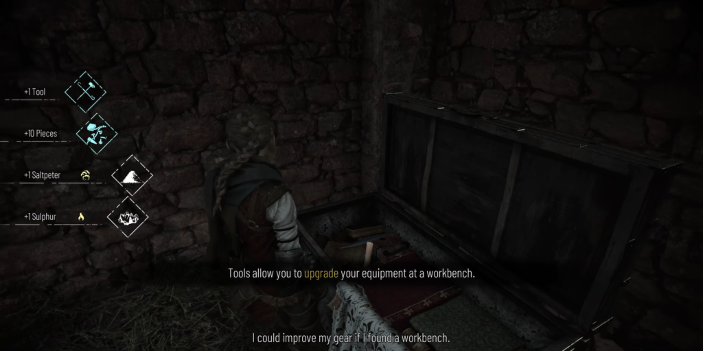 Амиция из A Plague Tale обыскивает сундук в комнате