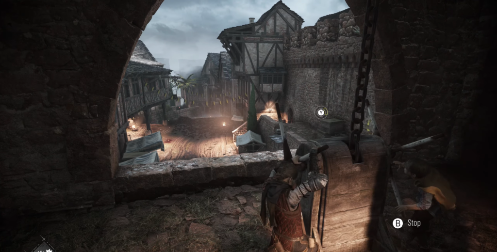 Амиция и Гуго тянут цепь у крепостной стены