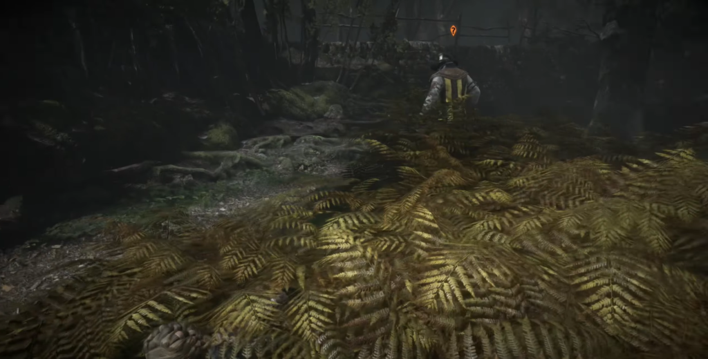 Человек в жёлтом жилете идёт по лесу