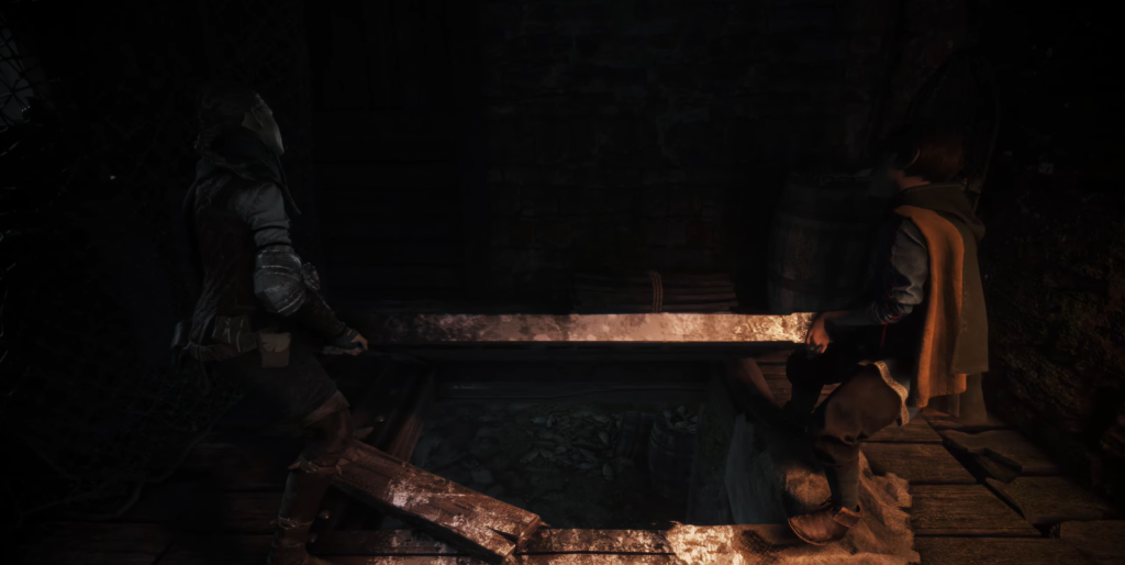 Амиция и Гуго смотрят в яму в подвале