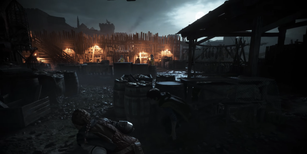 Амисия и Хьюго прячутся у бочек ночью