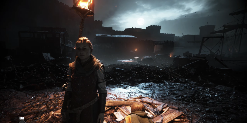 Амиция и Гуго стоят в разрушенном городе A Plague Tale