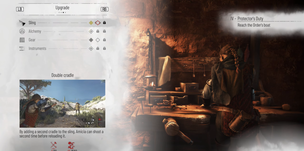 Амиция улучшает пращу у верстака в пещере A Plague Tale: Innocence