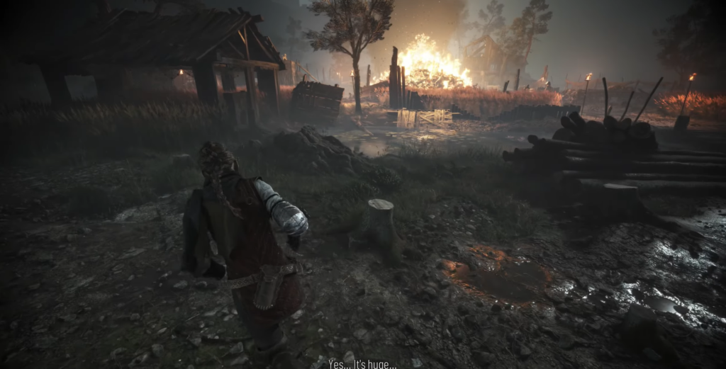 Амиция де Рун бежит по горящей деревне A Plague Tale