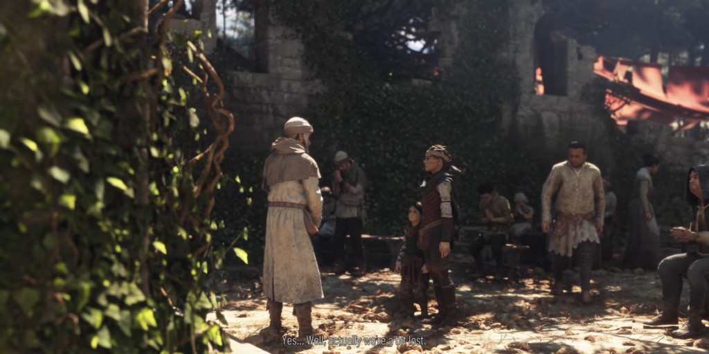 Амиция и Гуго разговаривают с монахом во дворе