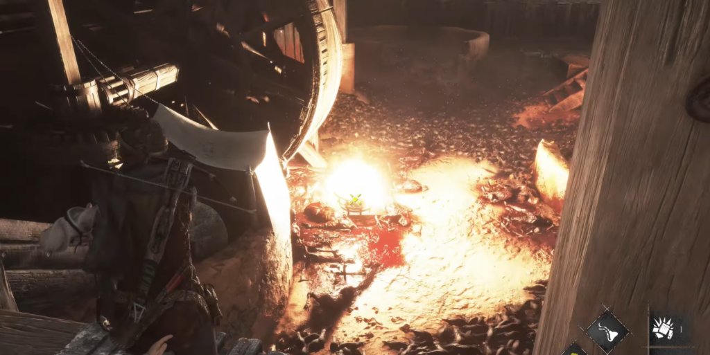 Выживший целится из лука у костра в пещере