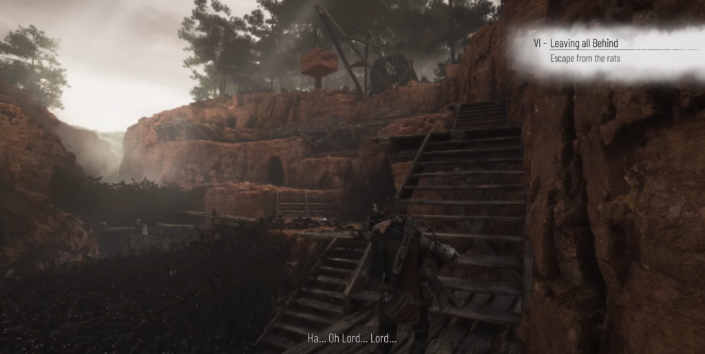 Персонаж поднимается по лестнице в каньоне A Plague Tale