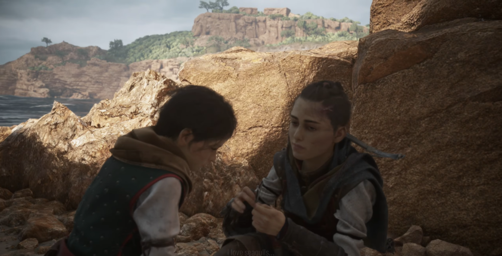 Амиция и Хьюго сидят у скал на берегу