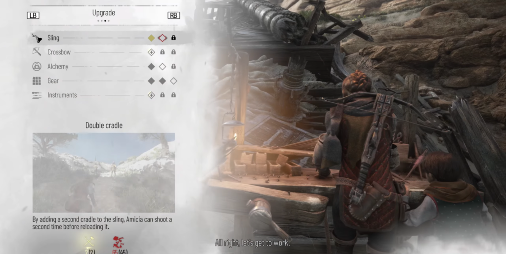 Амиция улучшает пращу у верстака в A Plague Tale