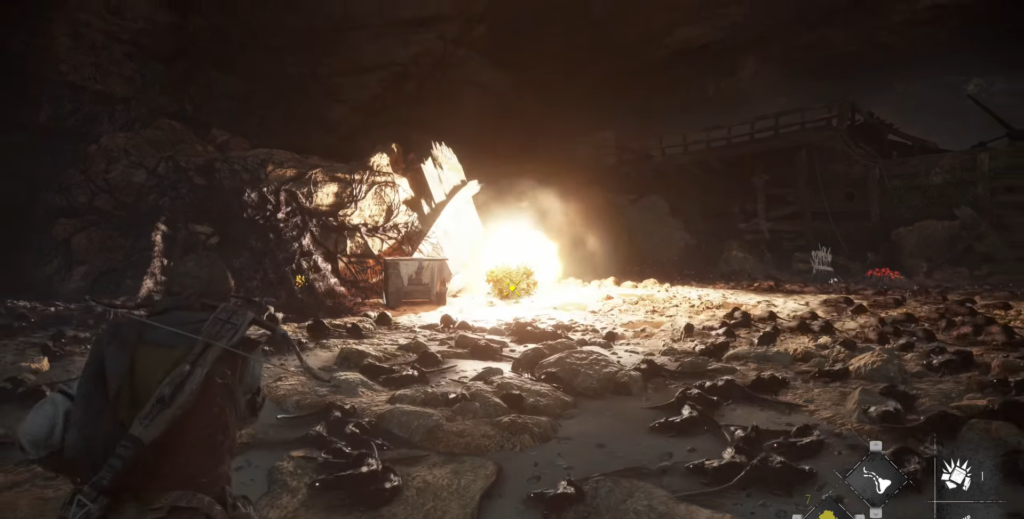 Взрыв освещает каменистую пещеру с обломками