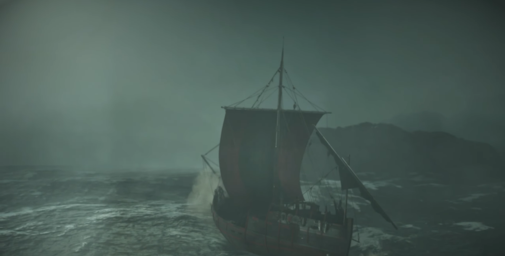 Парусный корабль плывёт по штормовому морю у берега