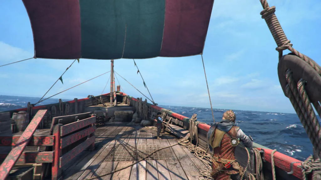 Персонаж стоит на палубе корабля в море