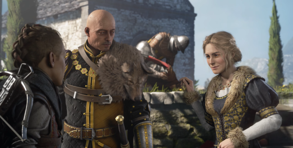 Персонажи разговаривают у каменной стены в замке