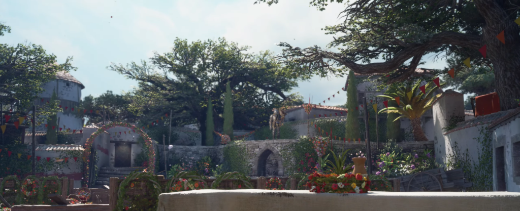 Украшенный двор с цветами и флажками у домов