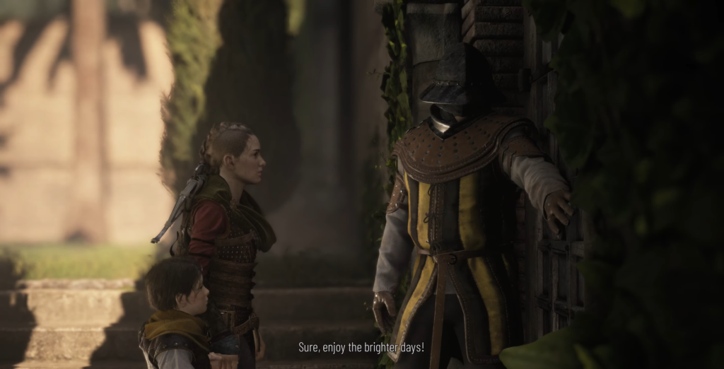 Амиция и Гуго разговаривают со стражником у двери