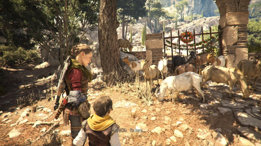 Амиция и Гуго наблюдают коз у каменной арки