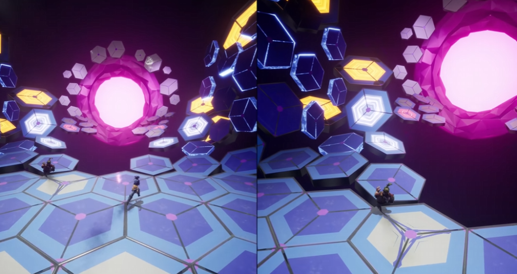 Персонажи бегут по платформе к розовому порталу