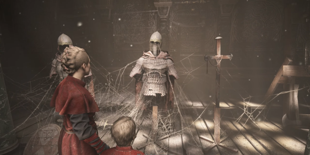 Амиция и Гуго смотрят на доспехи в паутине