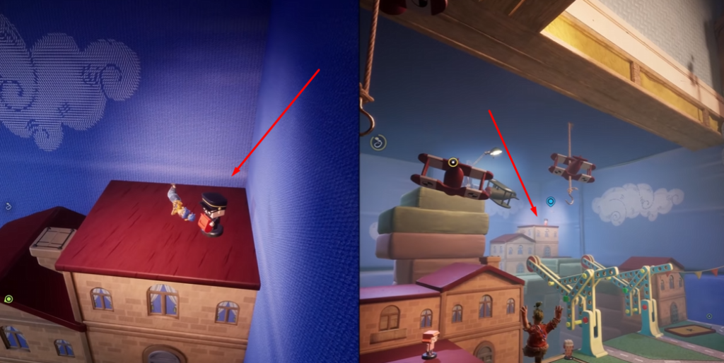 Персонажи прыгают по игрушечному городу в комнате