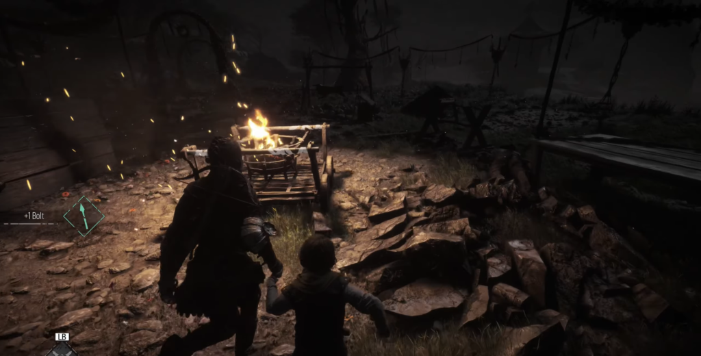 Амиция и Гуго идут к костру в лагере A Plague Tale