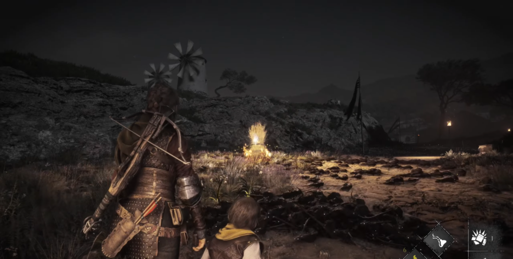 Амиция и Гуго идут по полю ночью A Plague Tale