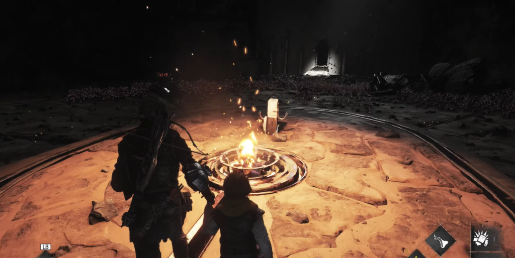 Амиция и Гуго стоят у костра в пещере